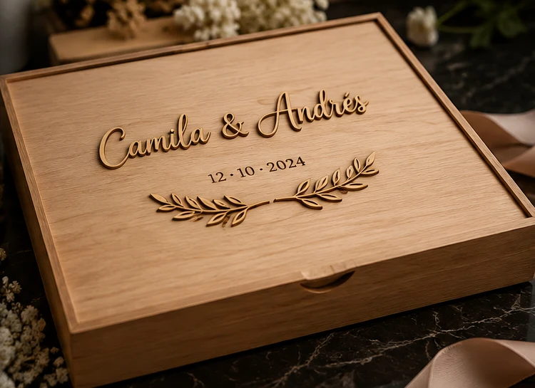 Diseño ilustrativo de caja premium para book fotográfico con nombres y adornos en relieve sobre tapa de madera