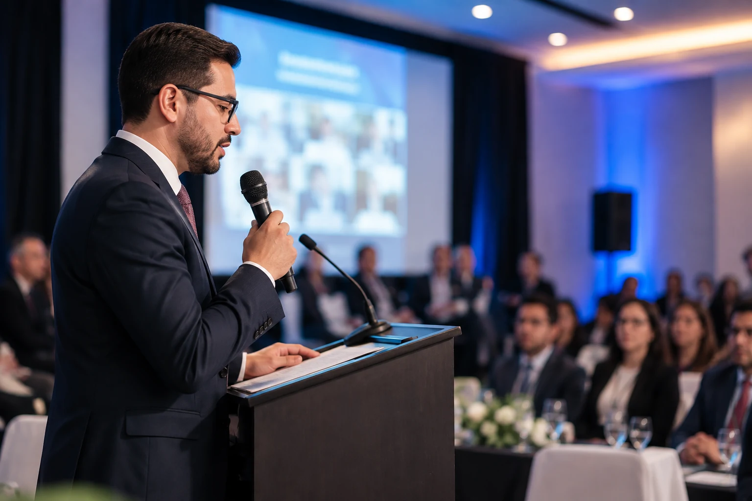 Expositor en conferencia corporativa con micrófono y público asistente