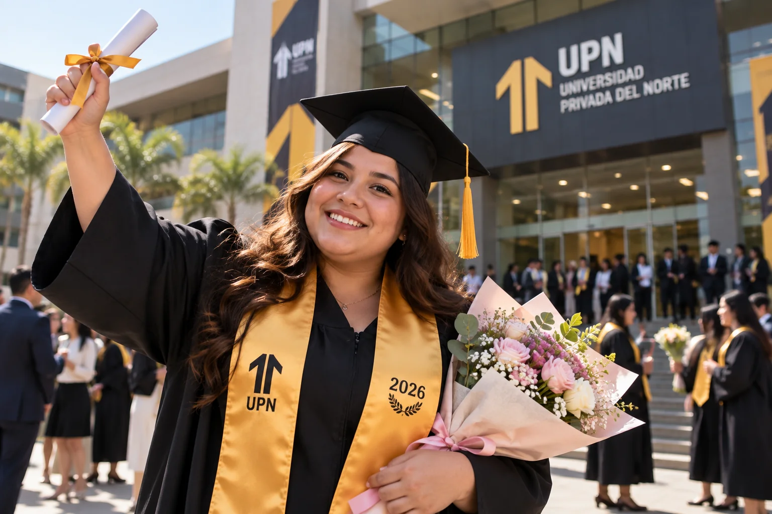 Graduada de la UPN con diploma y ramo de flores