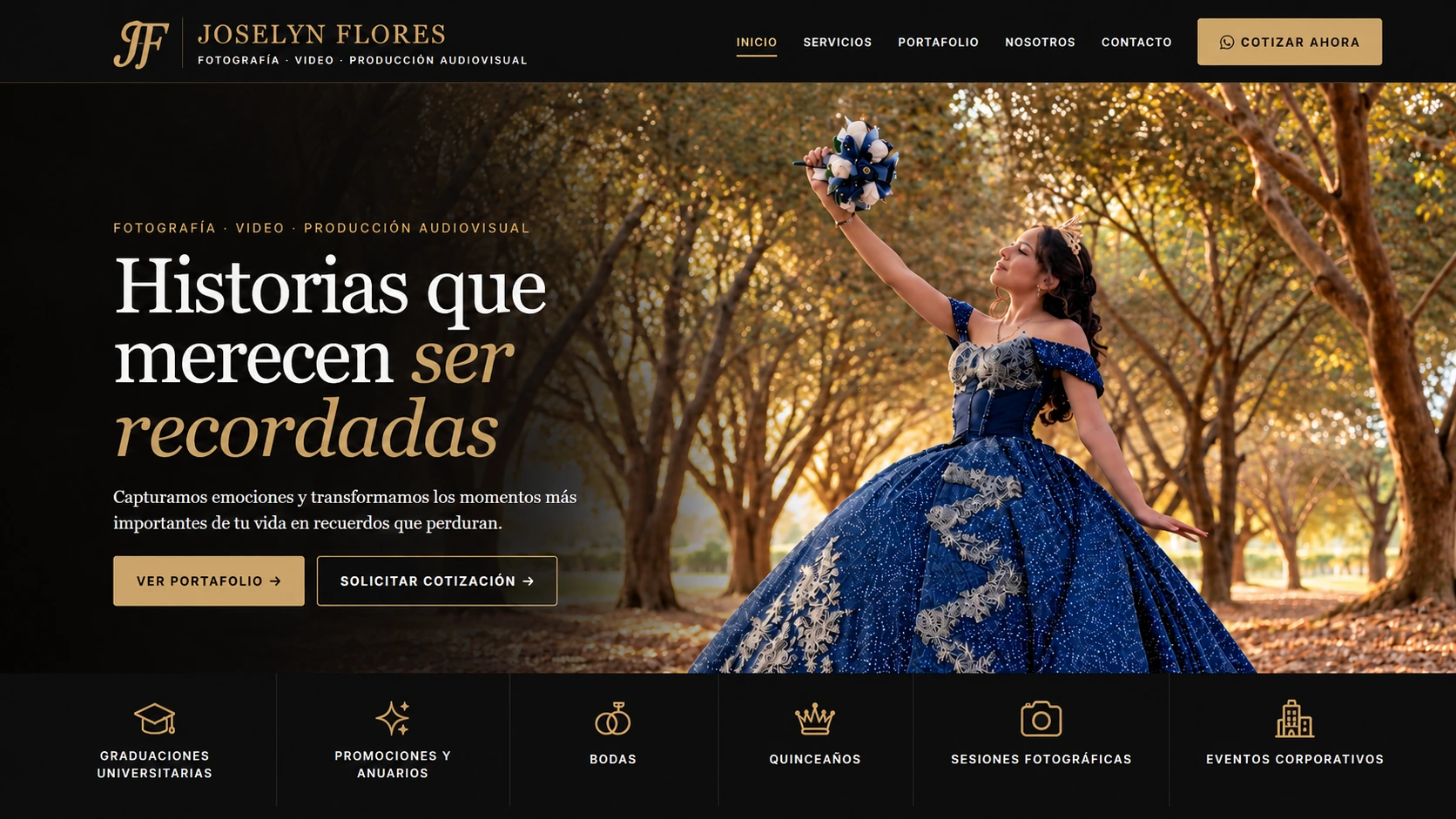 Portada de Joselyn Flores Fotografía, quinceañera en un bosque otoñal, con servicios y navegación