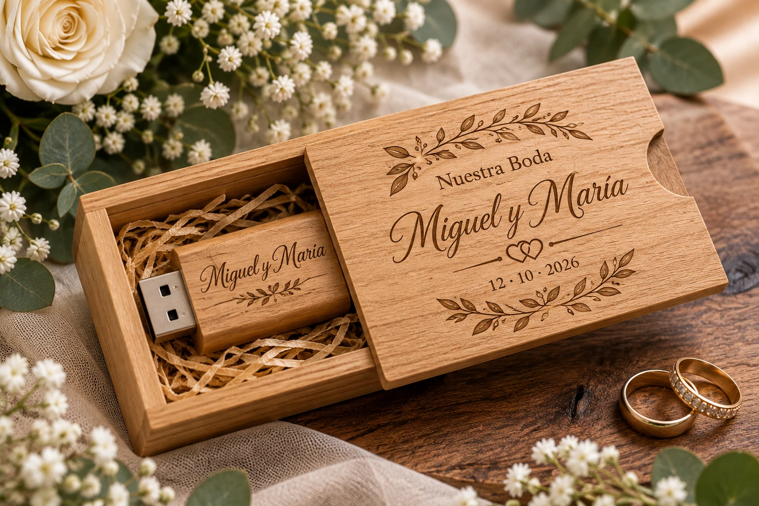 Diseño conceptual de caja USB de madera con tapa corrediza grabada: Nuestra Boda, Miguel y María
