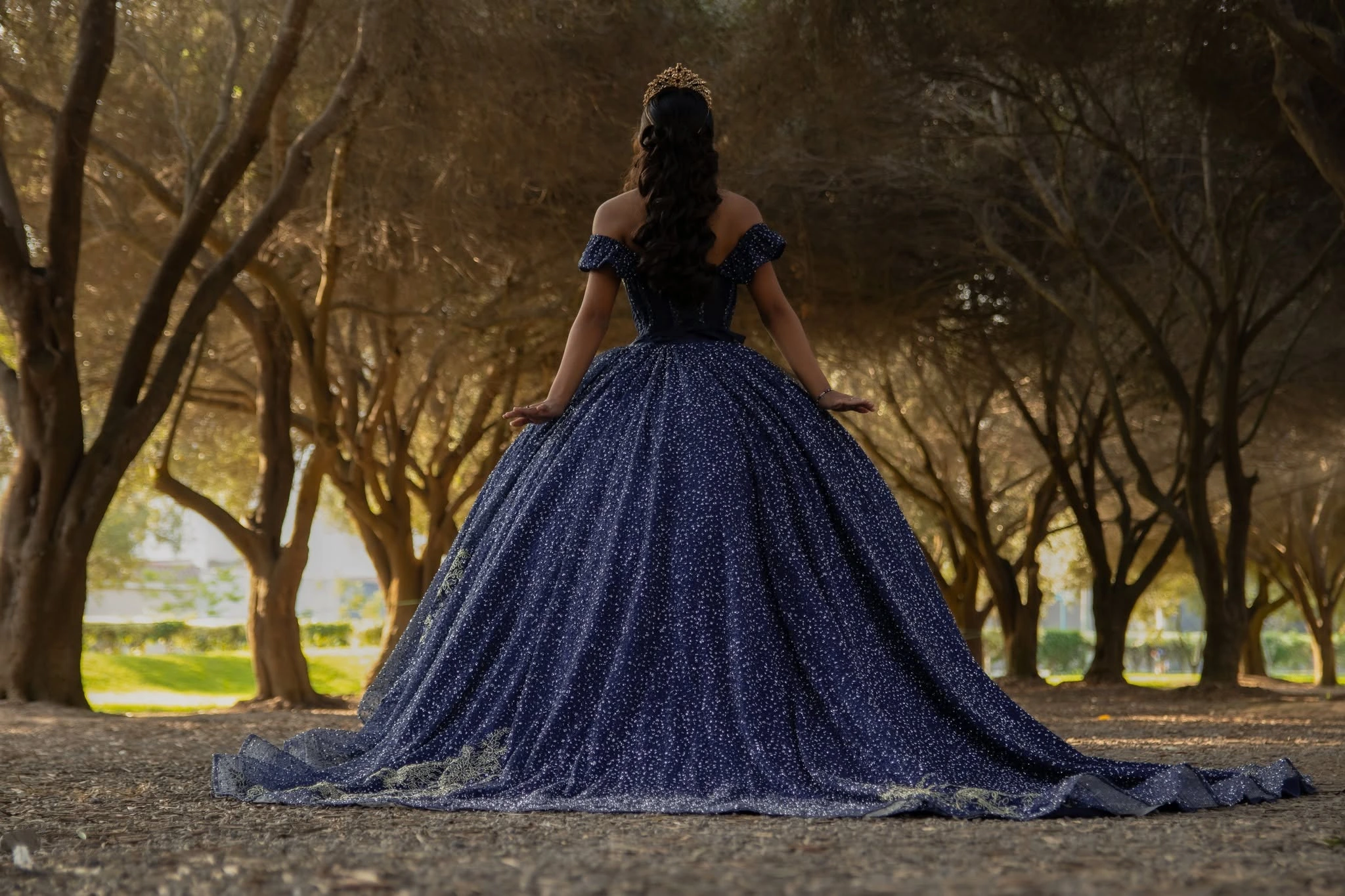 Quinceañera de vestido azul en un bosque